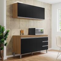 Kit De Cozinha Andréia Balcão 150cm Amêndoa-preto Com Tampo Mdp E Aéreo - Ajl Móveis Amêndoa-preto - 2