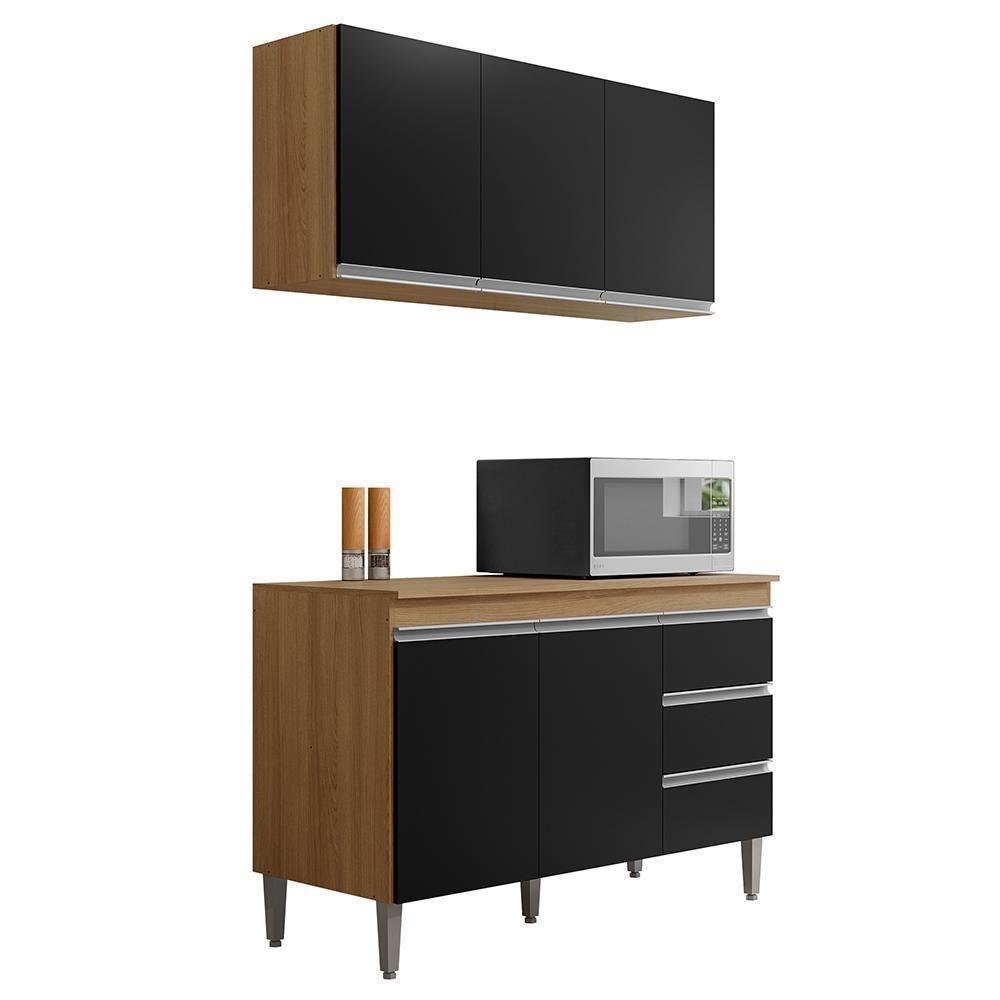 Kit De Cozinha Andréia Balcão 120cm Amêndoa-preto Com Tampo Mdp E Aéreo - Ajl Móveis Amêndoa-preto - 1