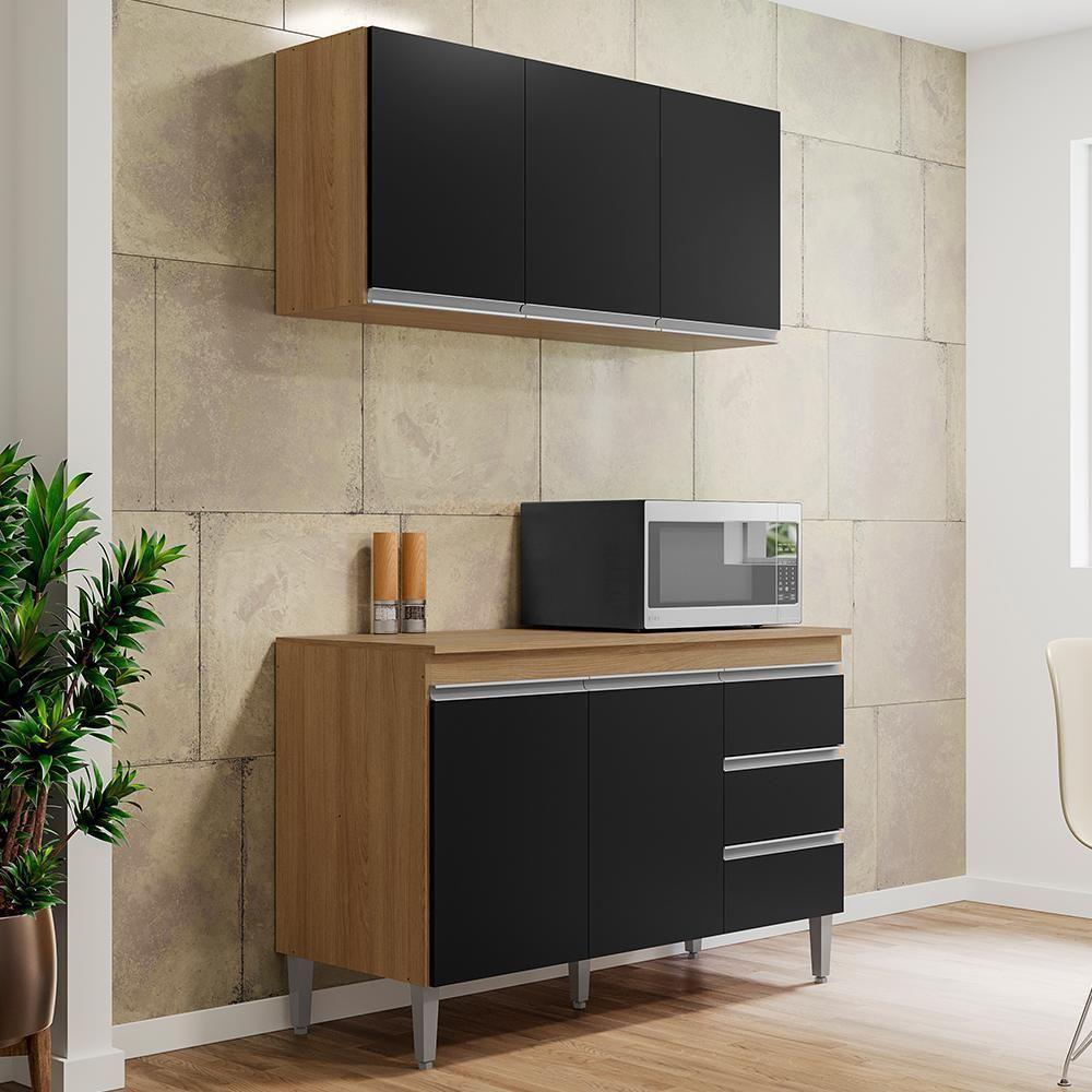 Kit De Cozinha Andréia Balcão 120cm Amêndoa-preto Com Tampo Mdp E Aéreo - Ajl Móveis Amêndoa-preto - 2