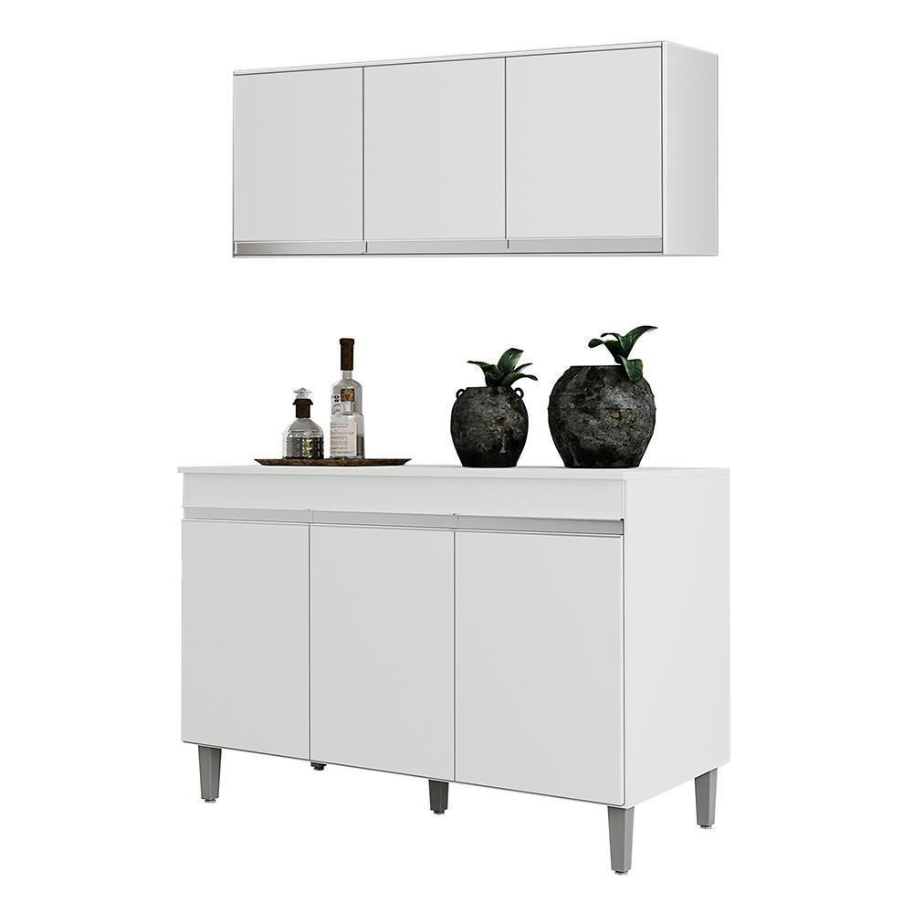 Kit Cozinha Balcão Manu 120cm Com Tampo Mdp E Aéreo Andréia Branco - Ajl Móveis Branco - 1