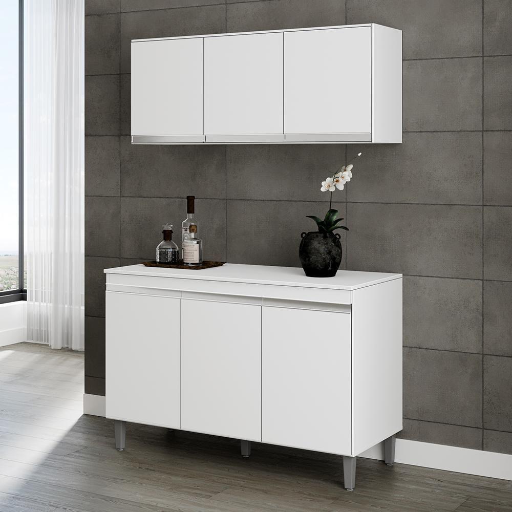 Kit Cozinha Balcão Manu 120cm Com Tampo Mdp E Aéreo Andréia Branco - Ajl Móveis Branco - 2