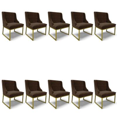 Cadeira Sala De Jantar Industrial Dourado Kit 10 Liz Suede Marrom D03 - D'rossi