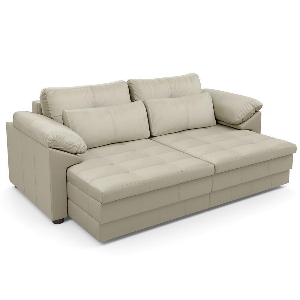 Sofá Retrátil Para Sala De Estar 3 Lugares 215cm Riza S03 Couro Bege Pérola - Lyam Decor - 1