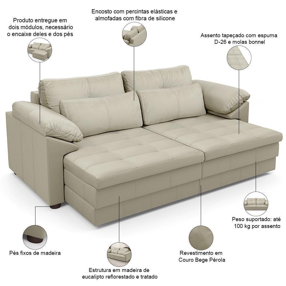 Sofá Retrátil Para Sala De Estar 3 Lugares 215cm Riza S03 Couro Bege Pérola - Lyam Decor - 4