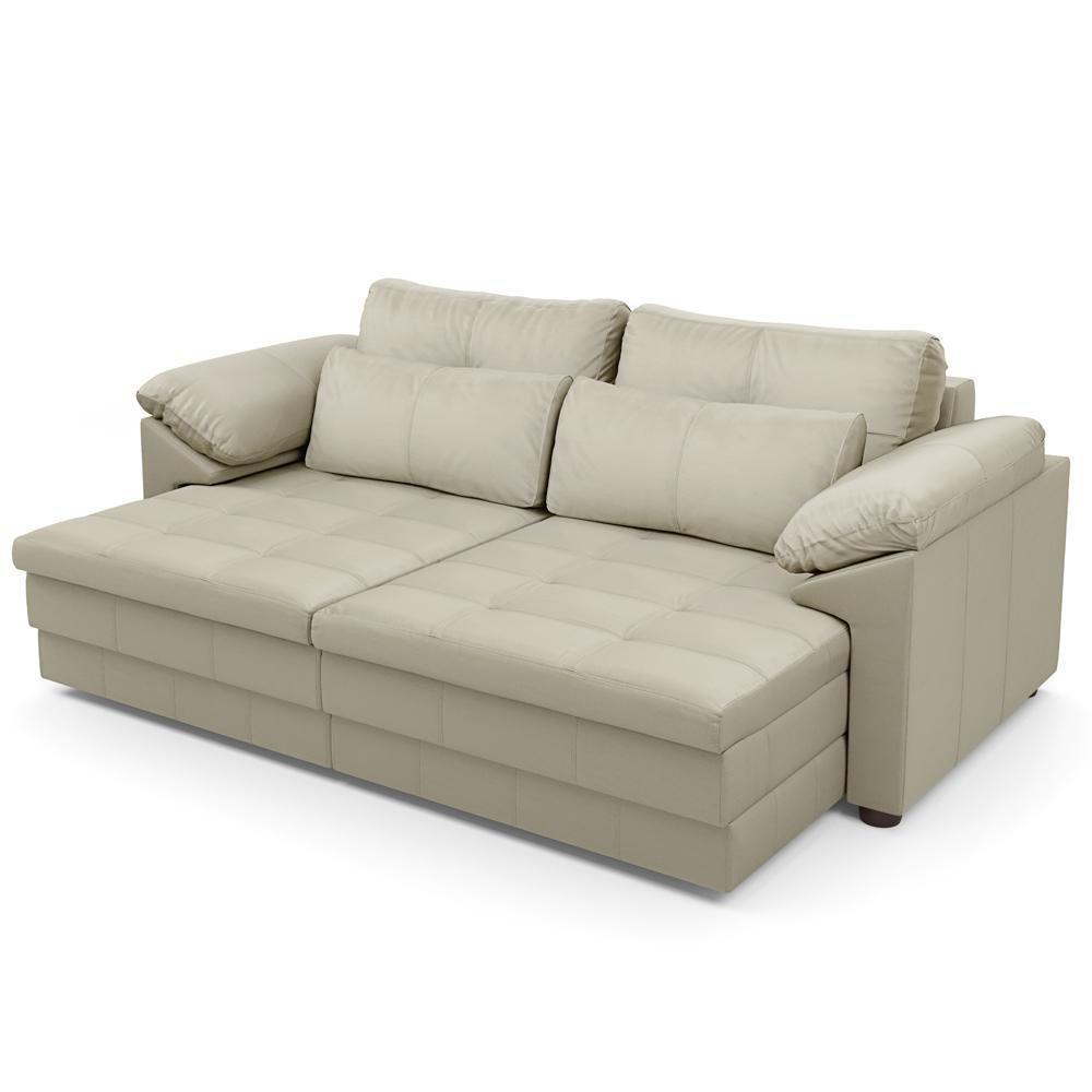 Sofá Retrátil Para Sala De Estar 3 Lugares 215cm Riza S03 Couro Bege Pérola - Lyam Decor - 8
