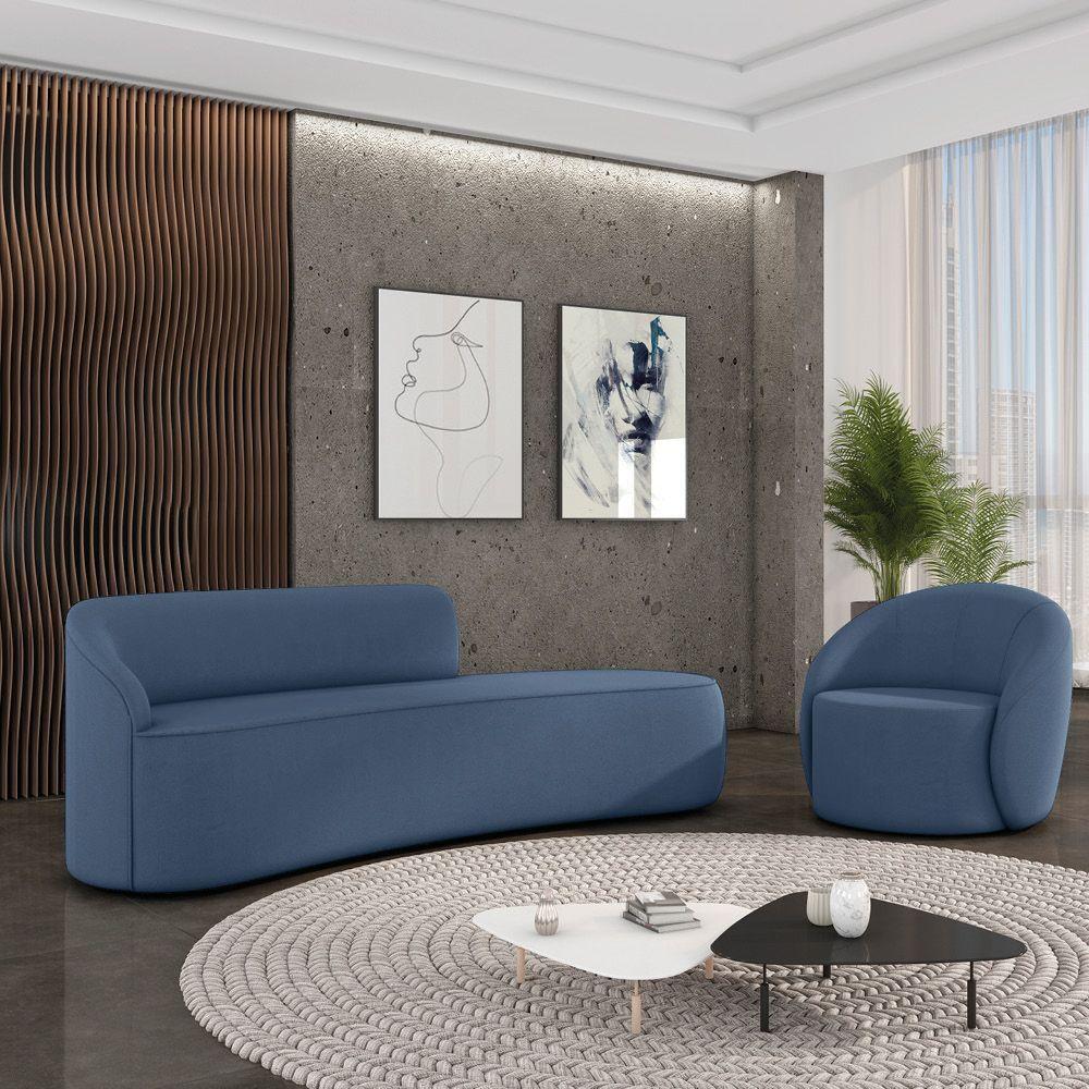 Sofá 4 Lugares Orgânico 220cm Morgan E Poltrona Lua Suede Azul M D03 - D'rossi - 2
