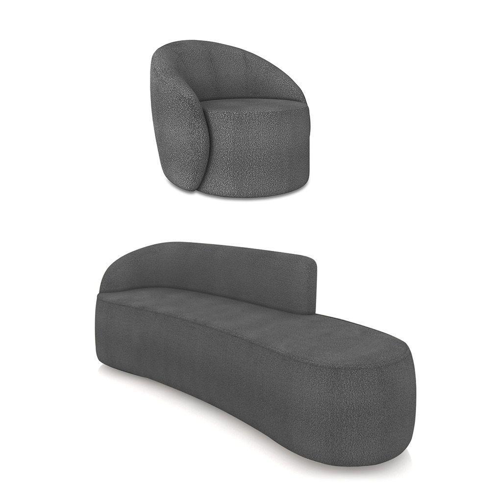 Sofá 4 Lugares Orgânico 220cm Morgan E Poltrona Lua Bouclê Grafite D03 - D'rossi - 1