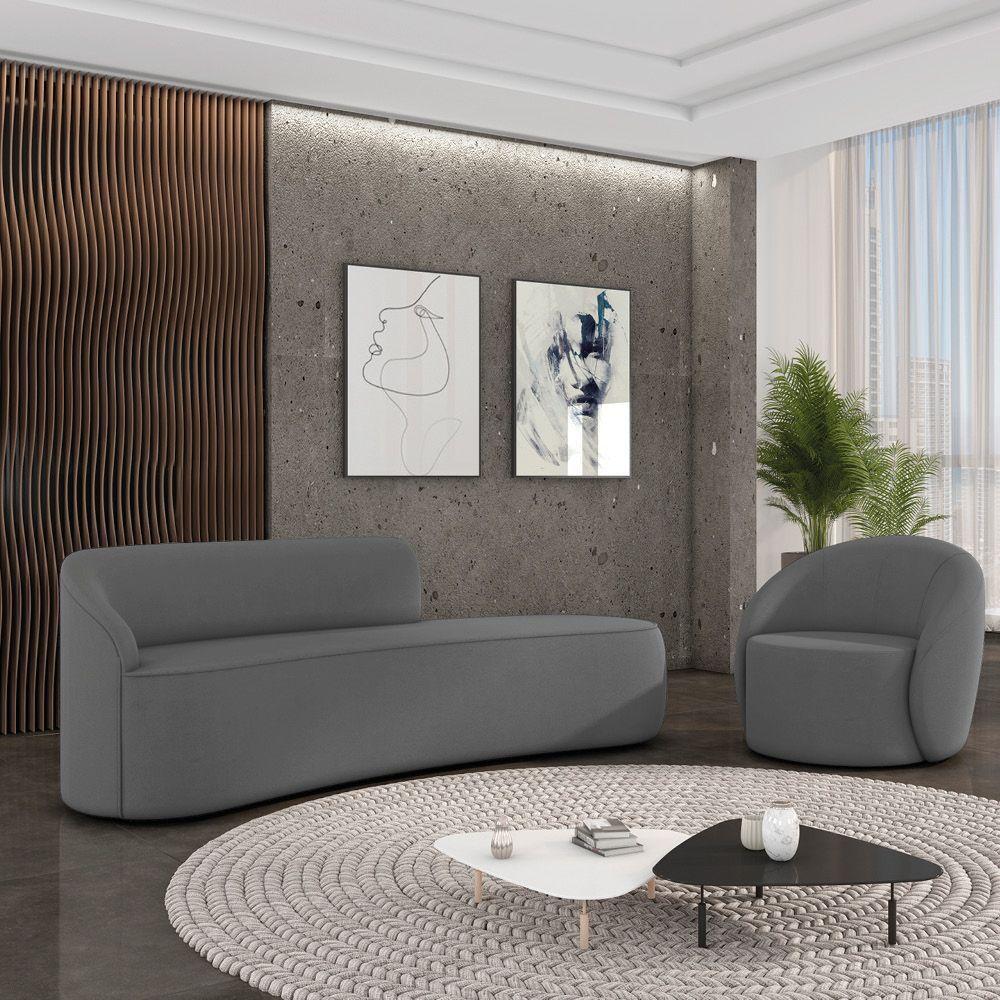 Sofá 4 Lugares Orgânico 220cm Morgan E Poltrona Lua Suede Grafite D03 - D'rossi - 2