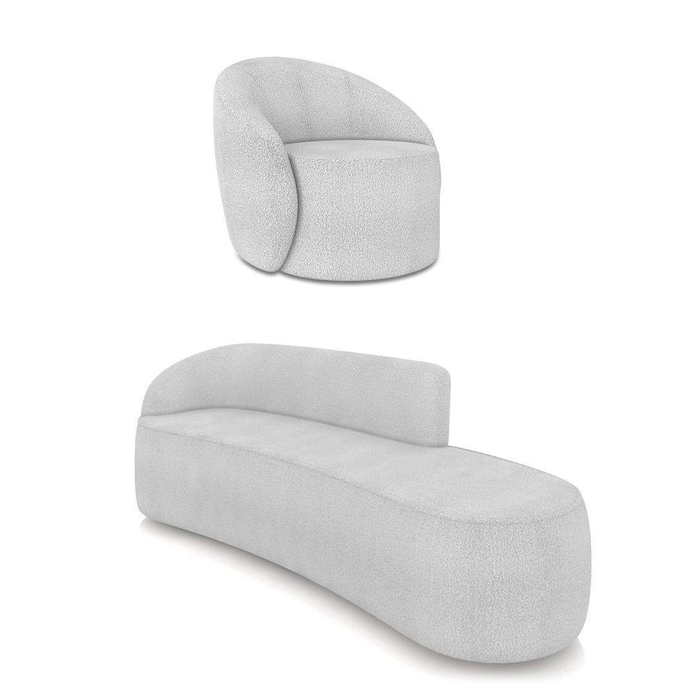 Sofá 4 Lugares Orgânico 220cm Morgan E Poltrona Lua Bouclê Cinza D03 - D'rossi - 1