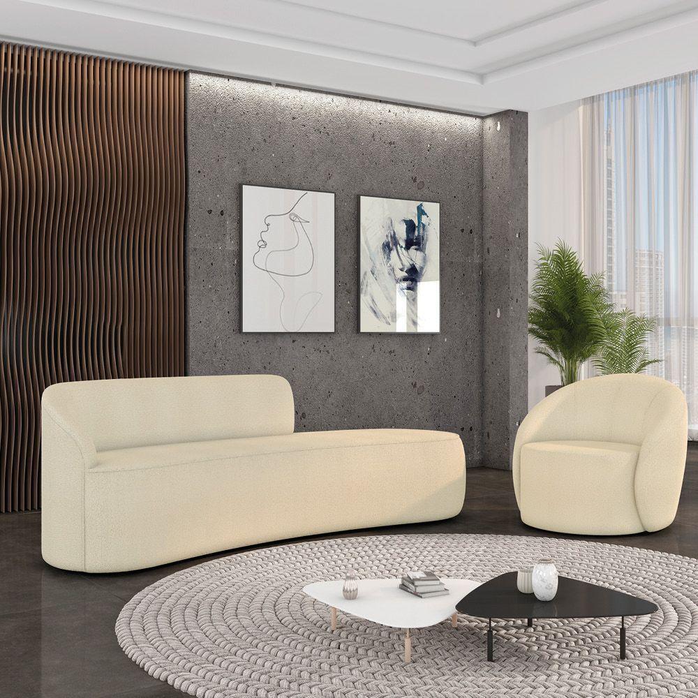 Sofá 4 Lugares Orgânico 220cm Morgan E Poltrona Lua Bouclê Bege D03 - D'rossi - 2