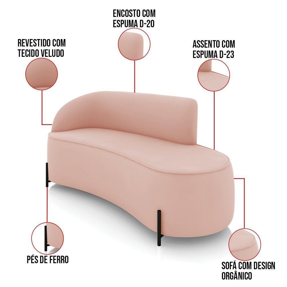Sofá 3 Lugares Orgânico 180cm Pé Ferro Preto Morgan Veludo Rosê D03 - D'rossi - 3