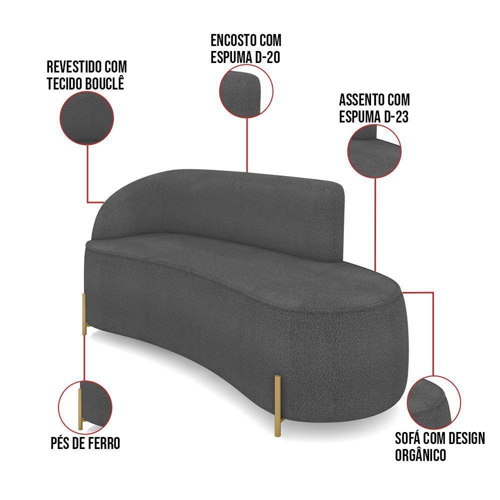 Sofá 3 Lugares Orgânico 180cm Pé Dourado Morgan Bouclê Grafite D03 - D'rossi - 3