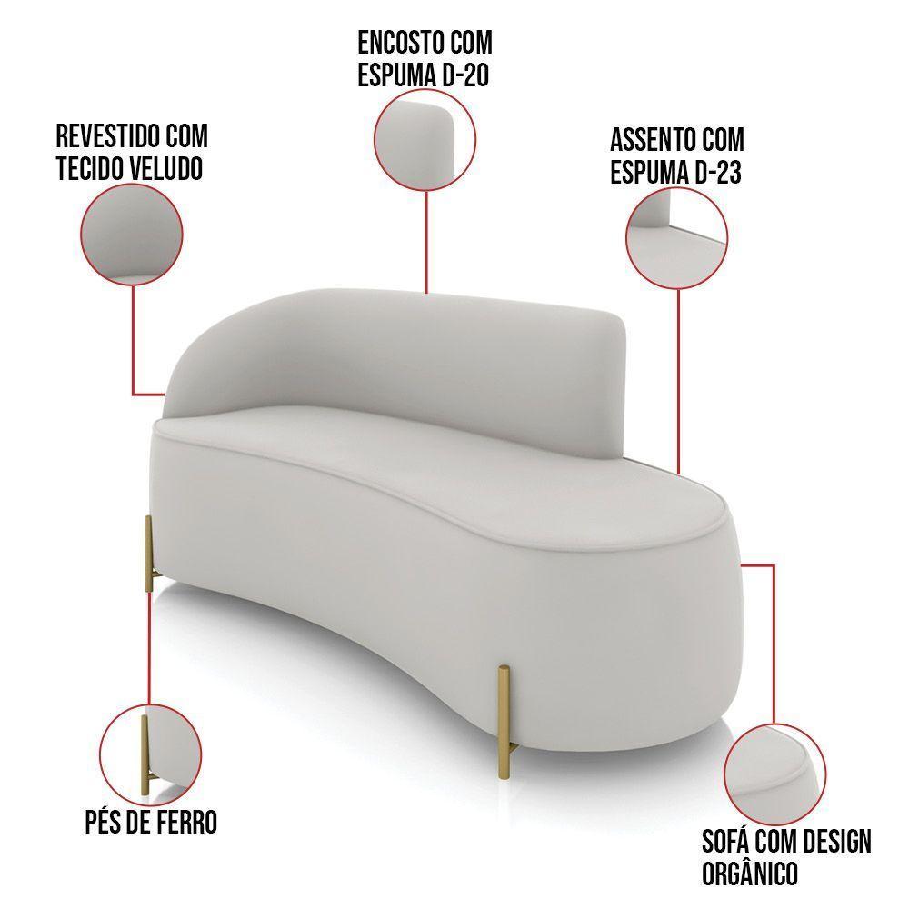 Sofá 3 Lugares Orgânico 180cm Pé Dourado Morgan Veludo Cinza D03 - D'rossi - 3