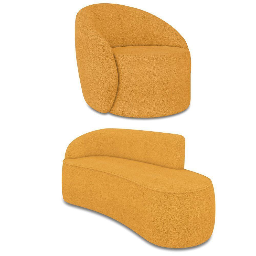 Sofá 3 Lugares Orgânico 180cm Morgan E Poltrona Lua Bouclê Mostarda D03 - D'rossi - 1