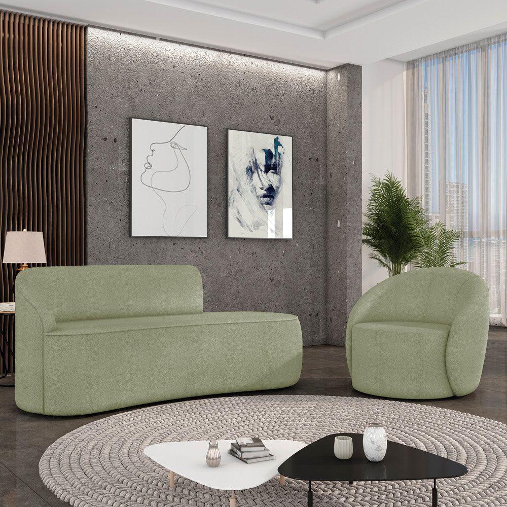 Sofá 3 Lugares Orgânico 180cm Morgan E Poltrona Lua Bouclê Pistache D03 - D'rossi - 2