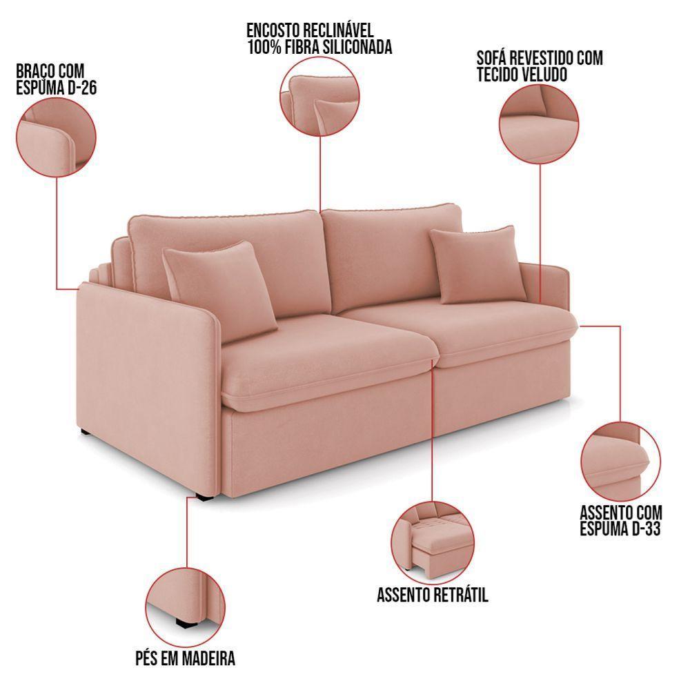 Sofá Retrátil Reclinável 4 Lugares 254cm Maili Veludo Rosê K01 - D'rossi - 8