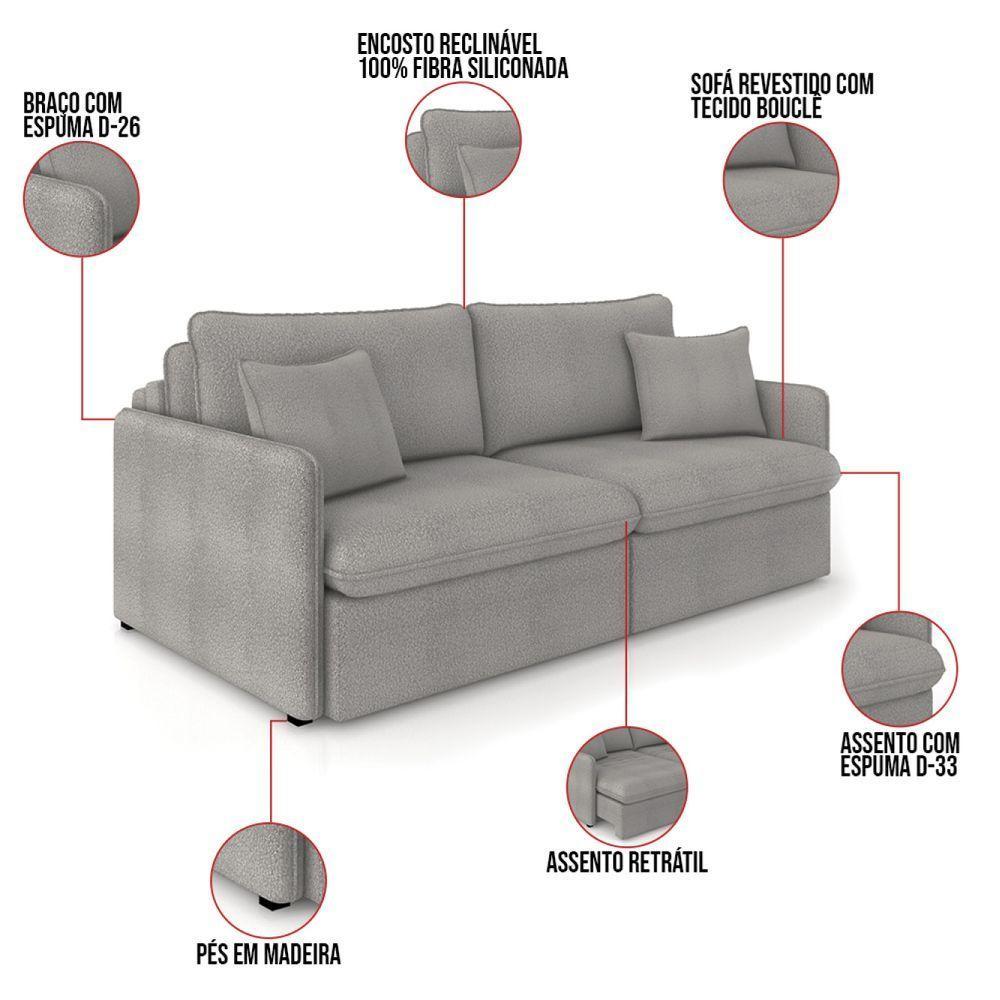 Sofá Retrátil Reclinável 4 Lugares 254cm Maili Bouclê Cinza K01 - D'rossi - 8