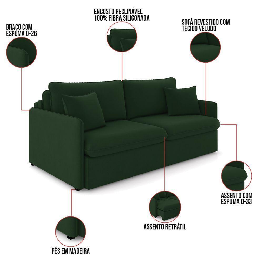 Sofá Retrátil Reclinável 3 Lugares 194cm Maili Veludo Verde K01 - D'rossi - 8