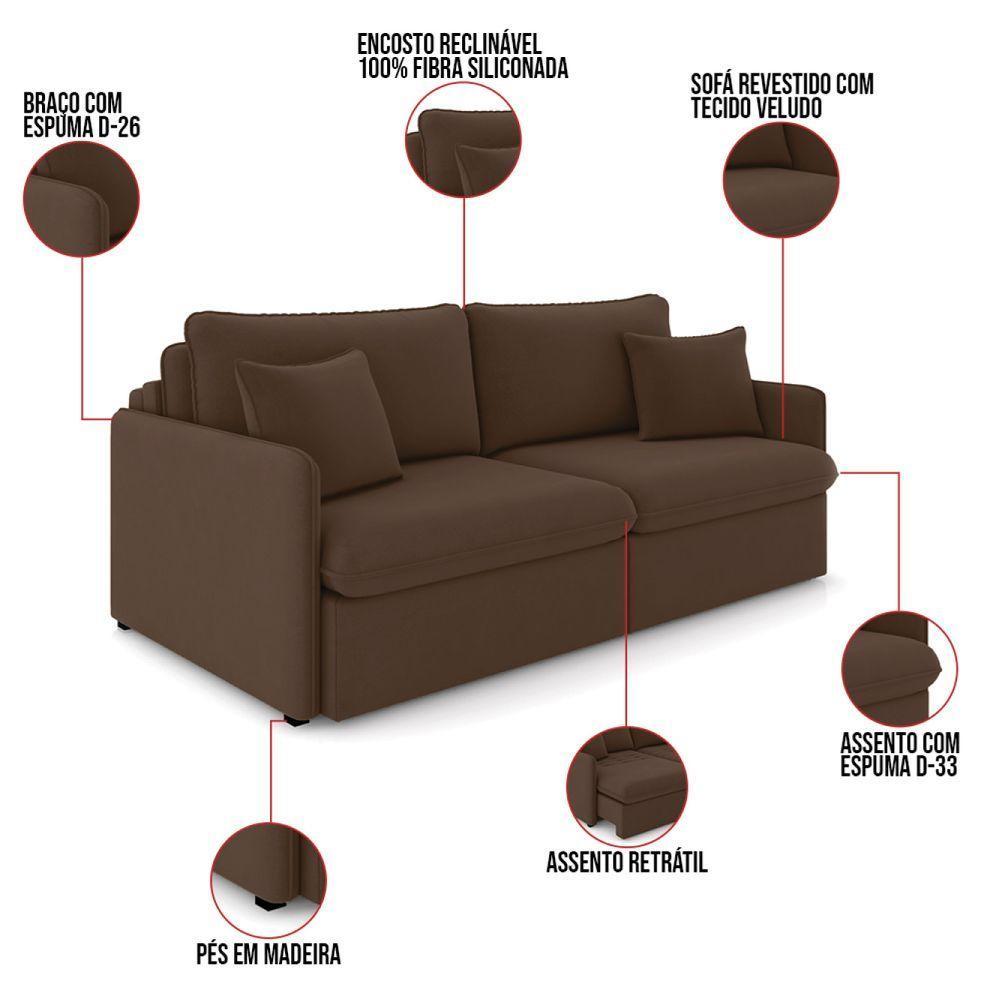 Sofá Retrátil Reclinável 3 Lugares 194cm Maili Veludo Marrom K01 - D'rossi - 8