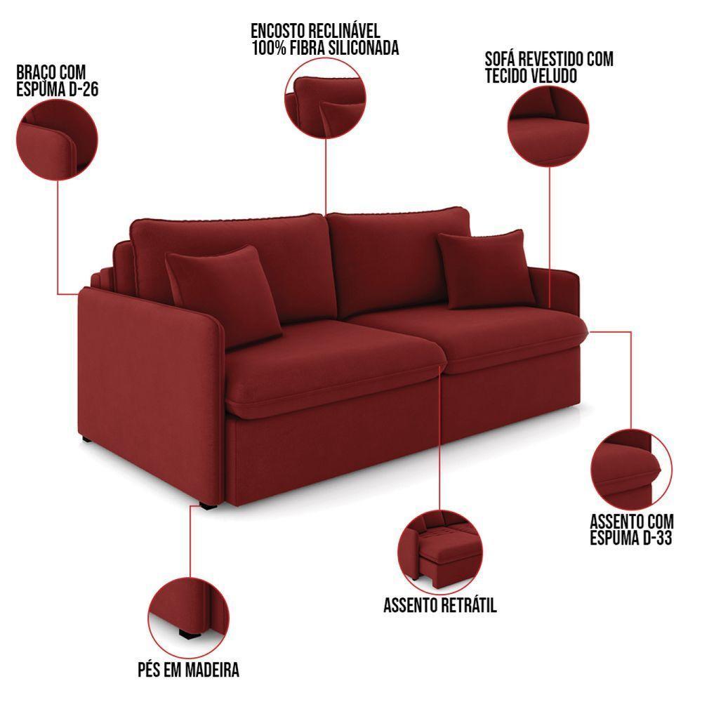 Sofá Retrátil Reclinável 3 Lugares 194cm Maili Veludo Vermelho K01 - D'rossi - 8
