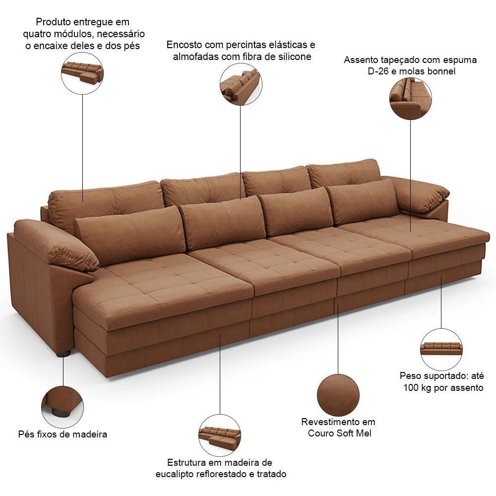 Sofá Retrátil Para Sala De Estar 6 Lugares 414cm Riza S03 Couro Soft Mel - Lyam Decor - 5