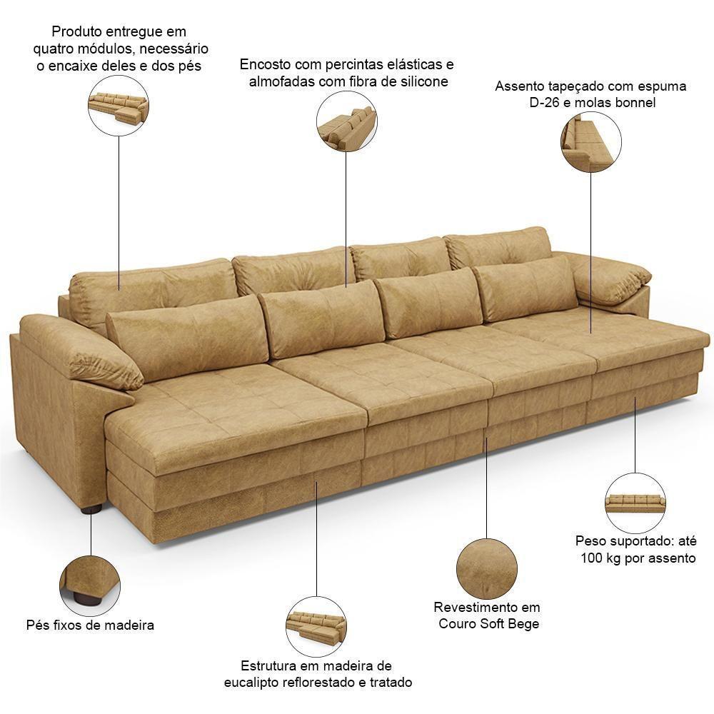 Sofá Retrátil Para Sala De Estar 6 Lugares 414cm Riza S03 Couro Soft Bege - Lyam Decor - 4