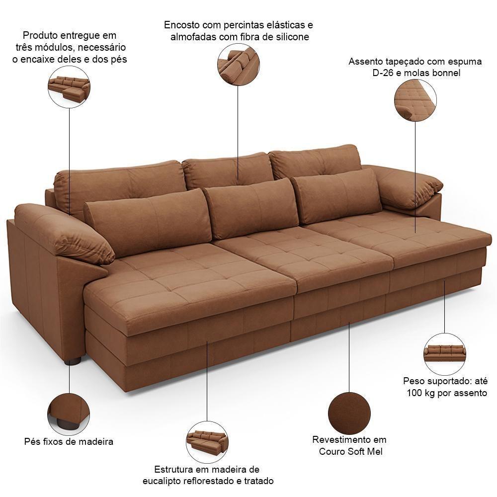 Sofá Retrátil Para Sala De Estar 4 Lugares 332cm Riza S03 Couro Soft Mel - Lyam Decor - 2