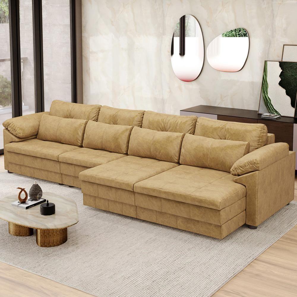 Sofá Retrátil Para Sala De Estar 5 Lugares 379cm Riza S03 Couro Soft Bege - Lyam Decor - 2