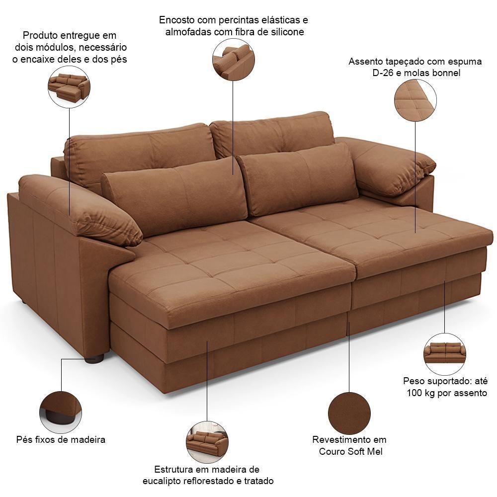 Sofá Retrátil Para Sala De Estar 3 Lugares 215cm Riza S03 Couro Soft Mel - Lyam Decor - 4