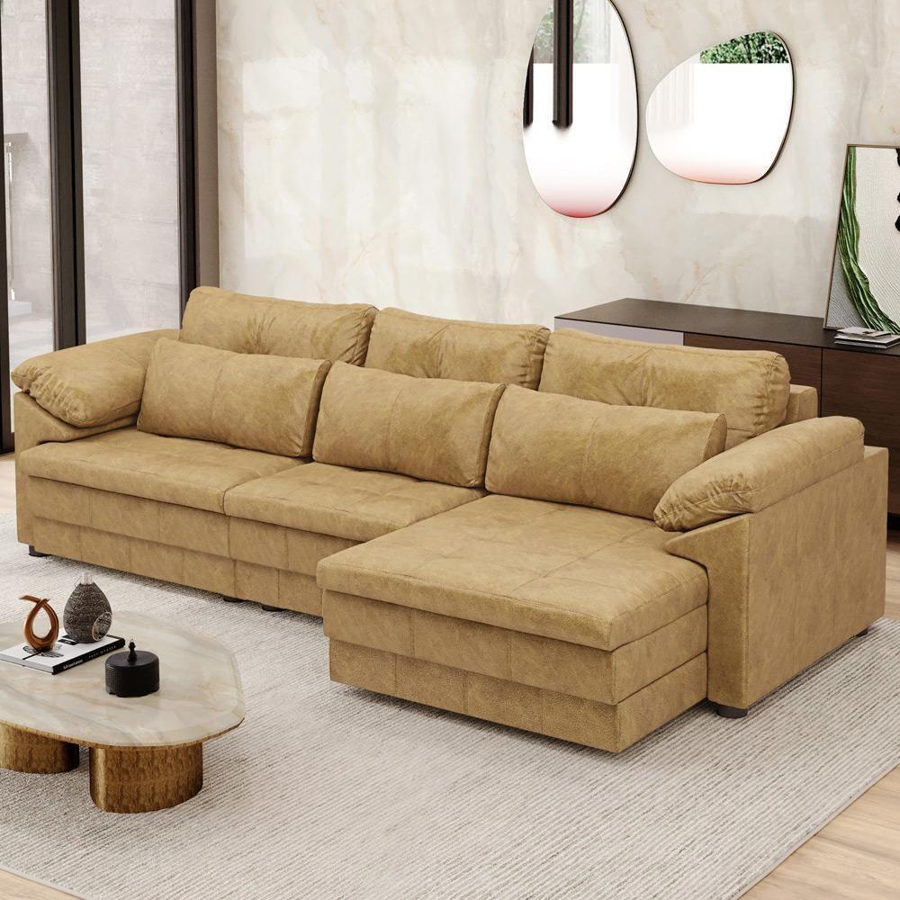Sofá Retrátil Para Sala De Estar 4 Lugares 297cm Riza S03 Couro Soft Bege - Lyam Decor - 2
