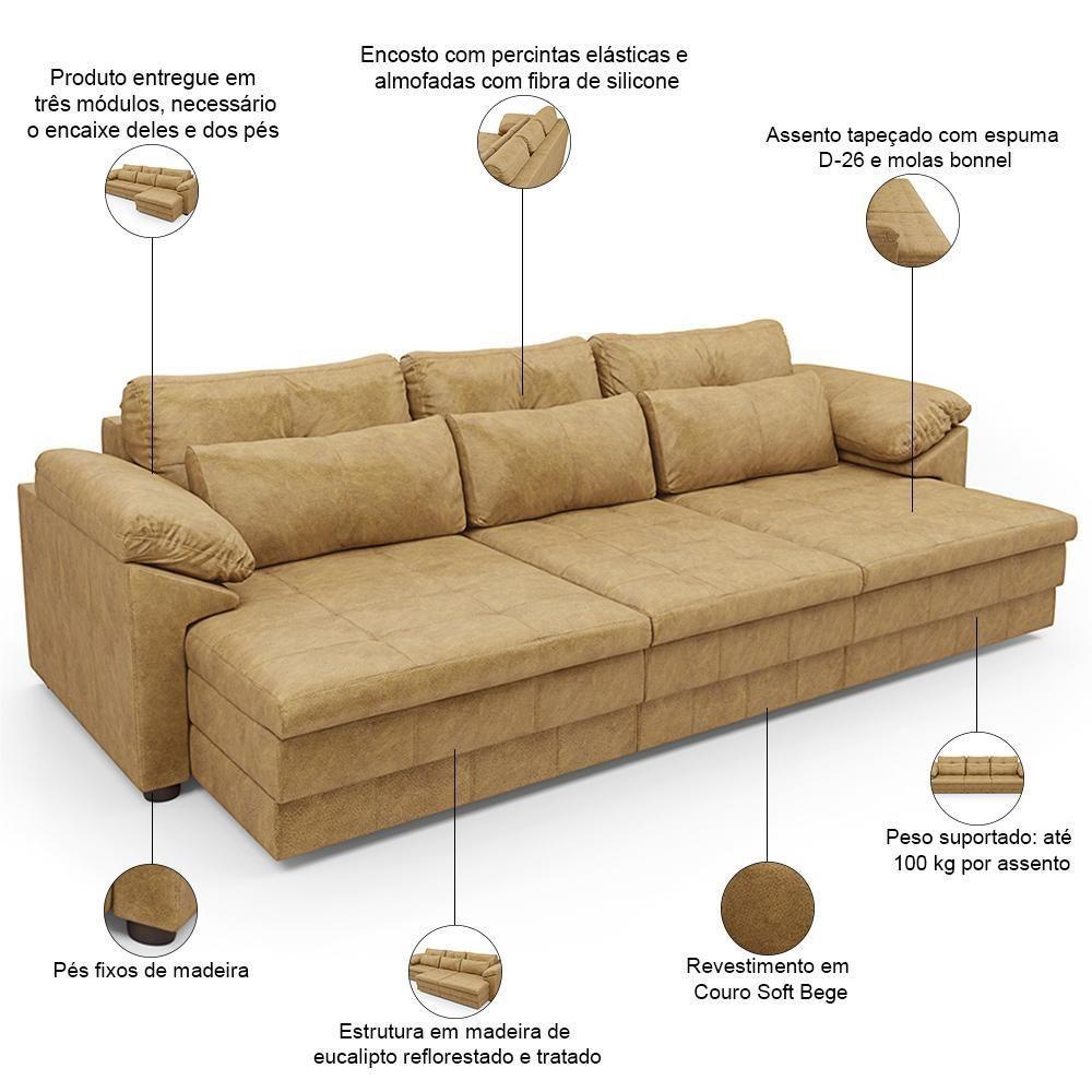 Sofá Retrátil Para Sala De Estar 4 Lugares 297cm Riza S03 Couro Soft Bege - Lyam Decor - 4