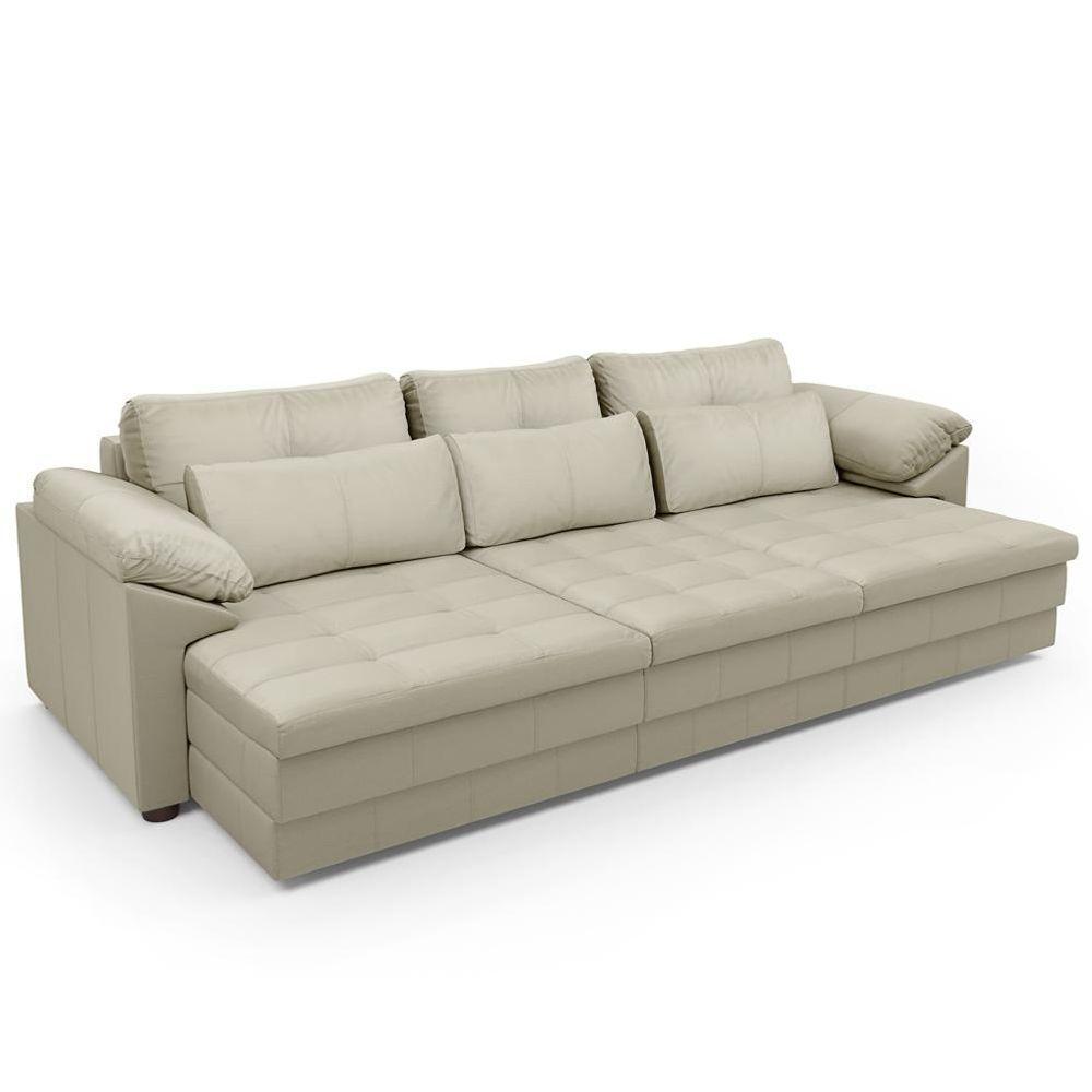 Sofá Retrátil Para Sala De Estar 3 Lugares 257cm Riza S03 Couro Bege Pérola - Lyam Decor - 1