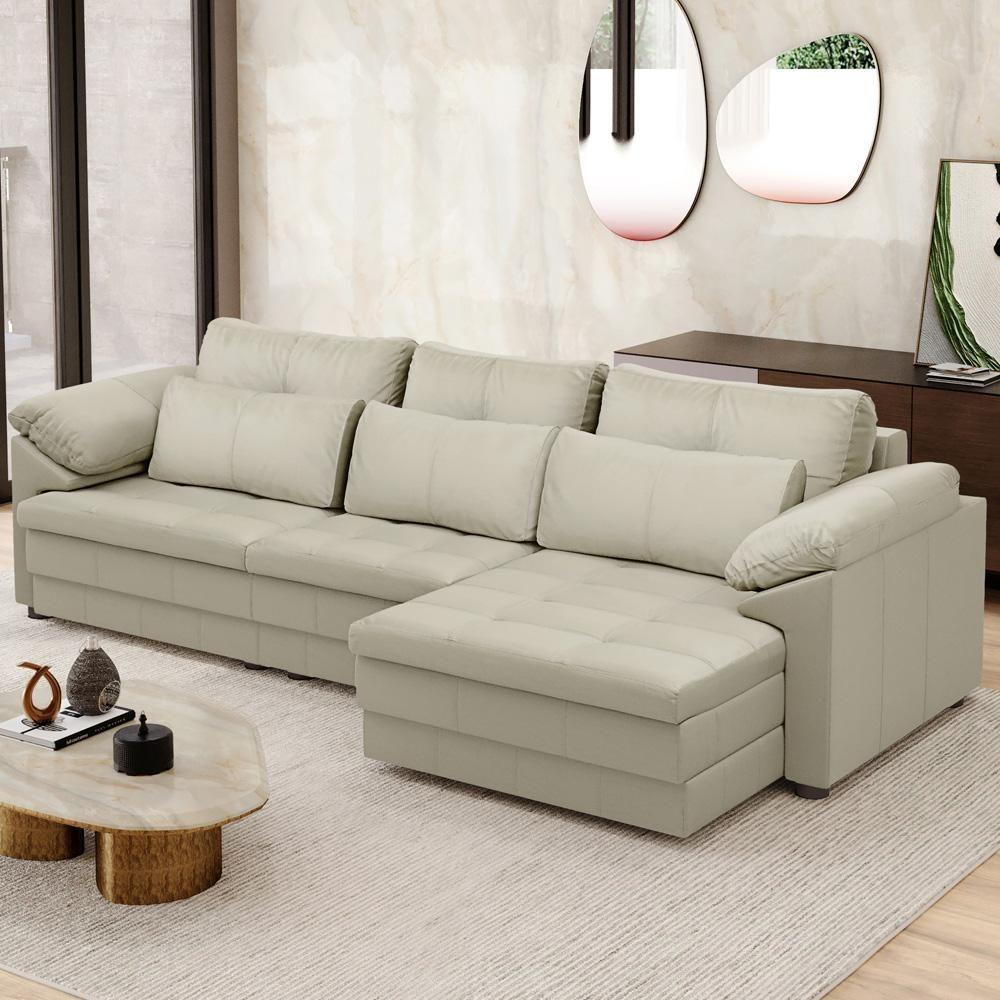 Sofá Retrátil Para Sala De Estar 3 Lugares 257cm Riza S03 Couro Bege Pérola - Lyam Decor - 2