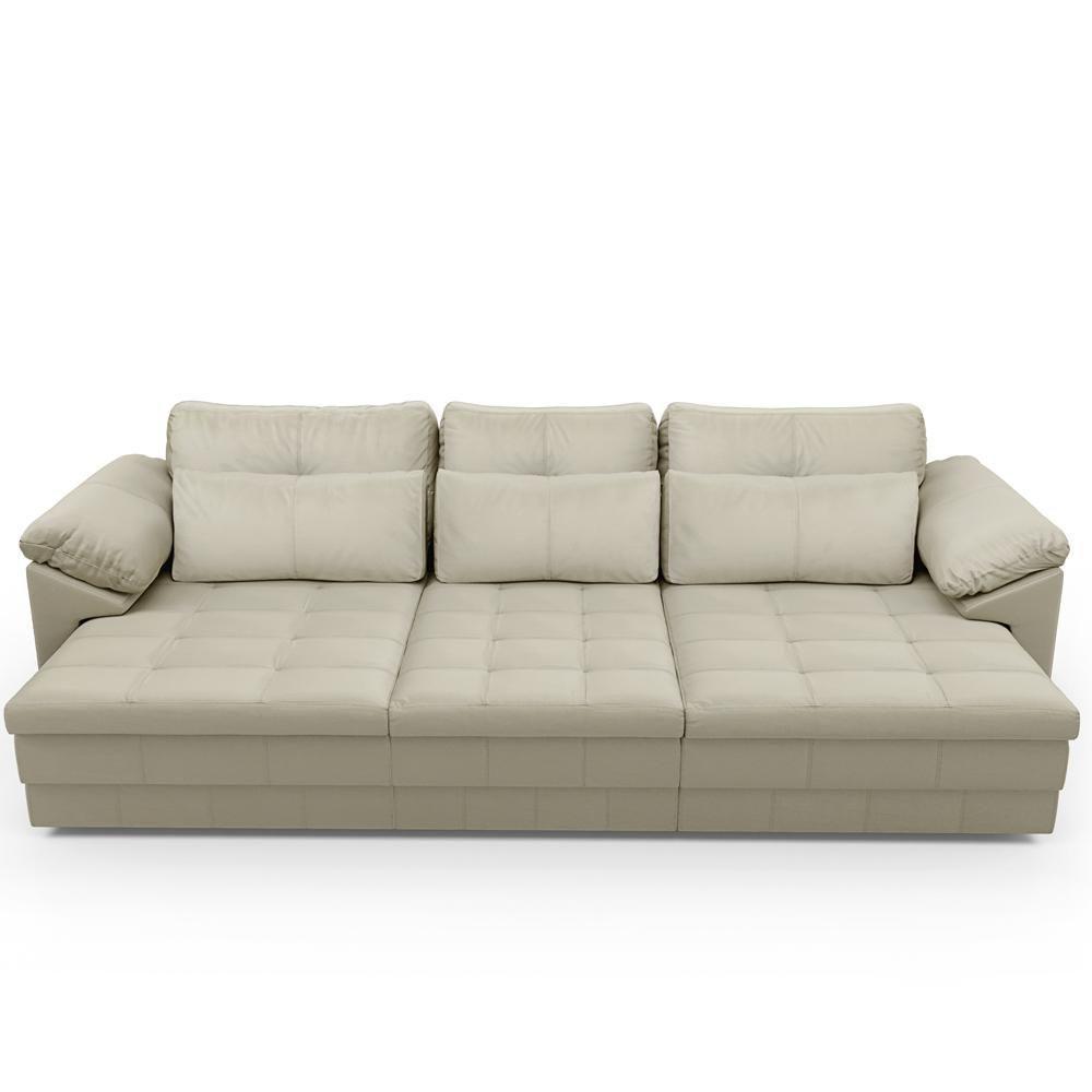 Sofá Retrátil Para Sala De Estar 3 Lugares 257cm Riza S03 Couro Bege Pérola - Lyam Decor - 3