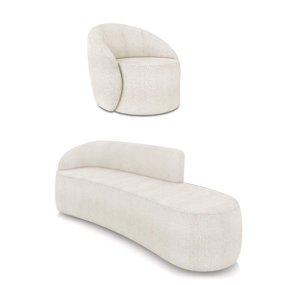 Sofá 4 Lugares Orgânico 220cm Morgan E Poltrona Lua Bouclê Off White D03 - D'rossi - 1