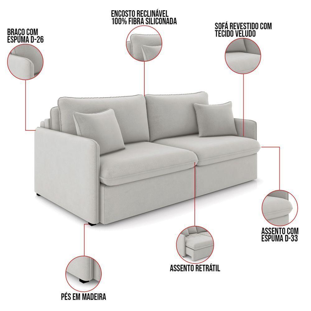 Sofá Retrátil Reclinável 4 Lugares 254cm Maili Veludo Cinza K01 - D'rossi - 8