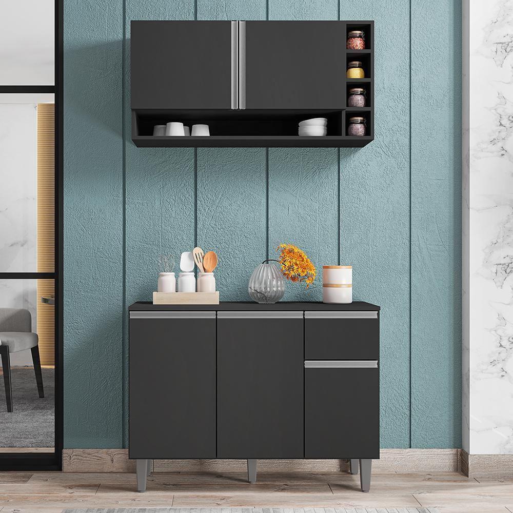 Kit De Cozinha Vanessa Balcão Com Tampo Mdp E Aéreo Cinza - Ajl Móveis Cinza - 2