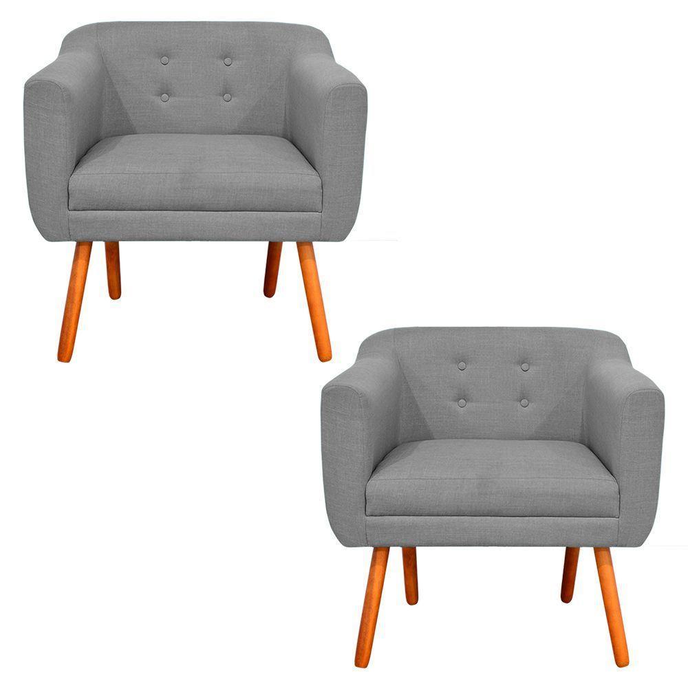 Kit 02 Poltronas Julia Linho Cinza A26 Pés Palito Castanho - 1