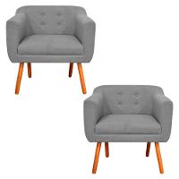 Kit 02 Poltronas Julia Linho Cinza A26 Pés Palito Castanho - 1