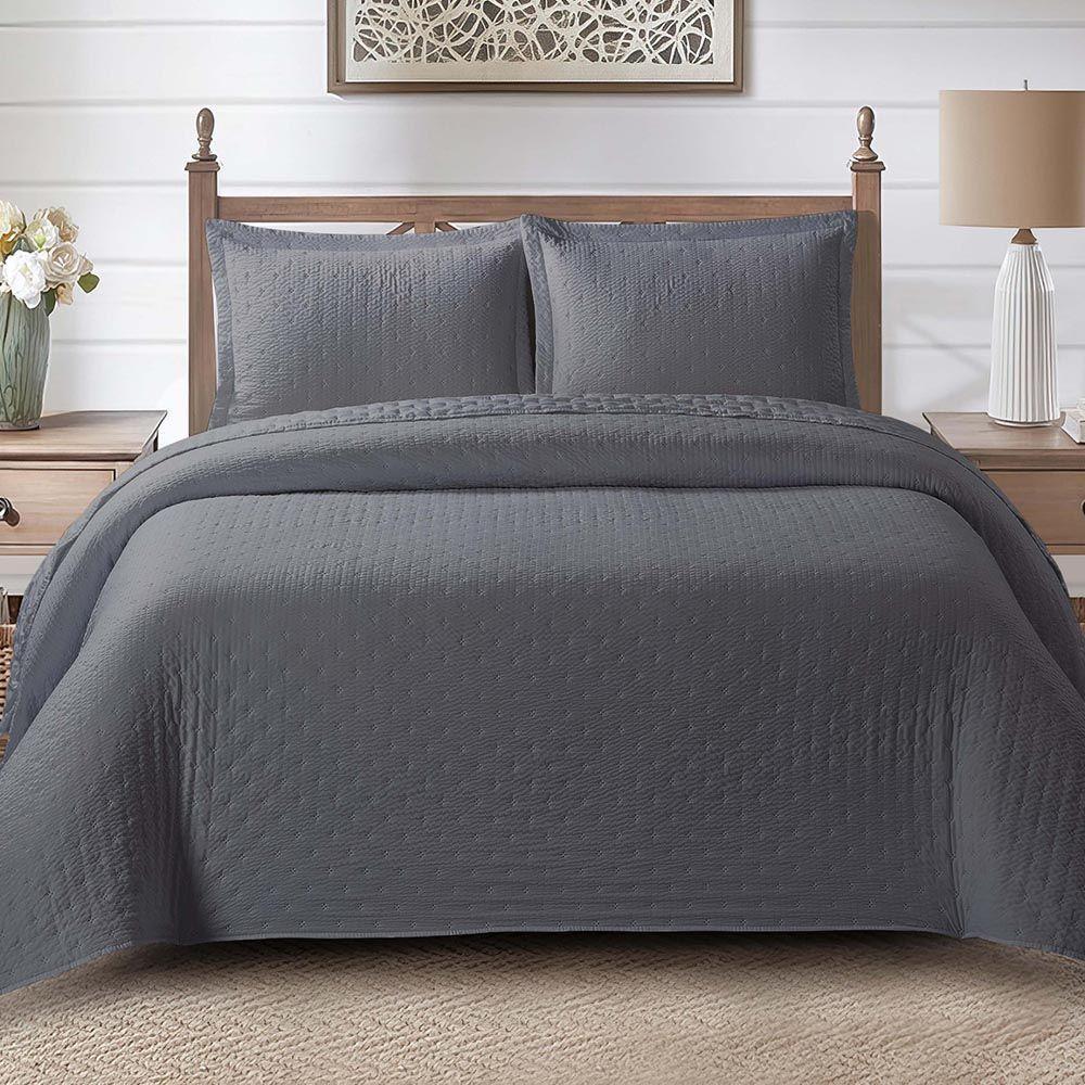 Kit Cobre Leito Colcha Craft King 3 Peças Percal 300 Fios Dupla Face Texturizado - Cinza - 2