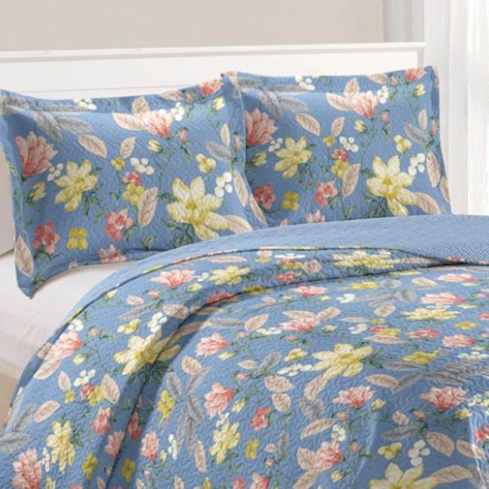 Kit Cobre Leito Colcha Daily Queen 3 Peças Dupla Face Estampado Floral - Floral 22 - 100% Poliéster - 2