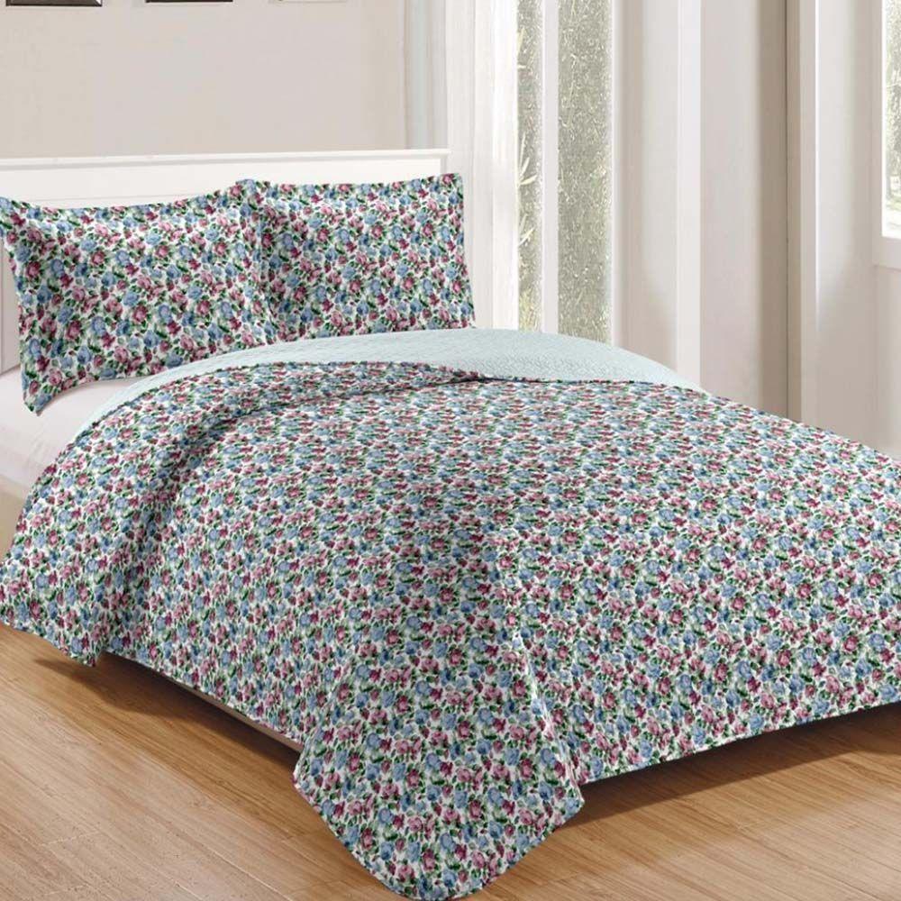 Kit Cobre Leito Colcha Daily Queen 3 Peças Dupla Face Estampado Floral - Floral 21 - 100% Poliéster - 1
