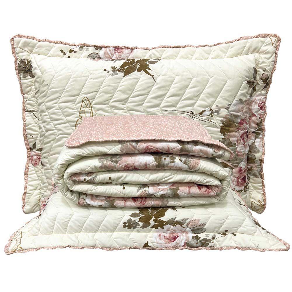 Kit Cobre Leito Colcha Lislie King 3 Peças Percal 300 Fios Dupla Face Estampado - Buque Rosê - 100% Poliéster - 1