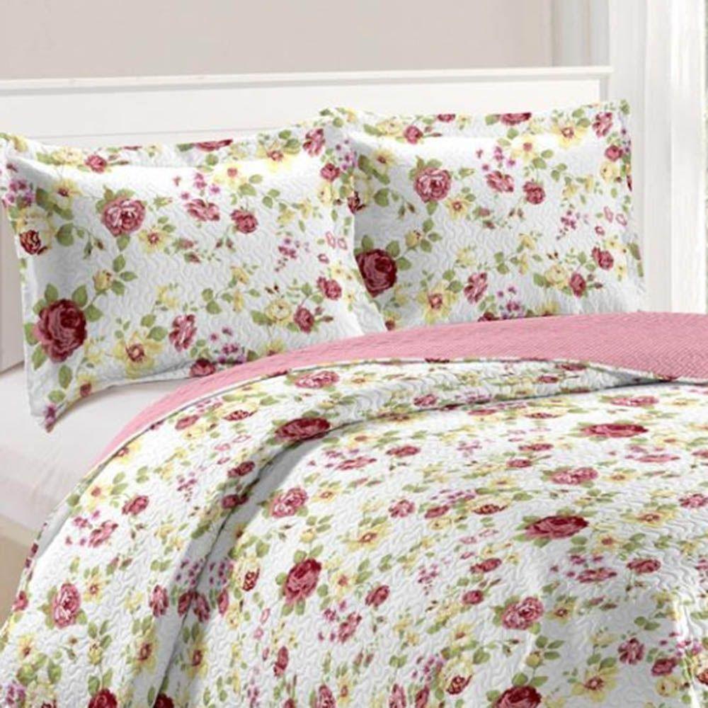 Kit Cobre Leito Colcha Daily Queen 3 Peças Dupla Face Estampado - Floral 32 - 100% Poliéster - 2