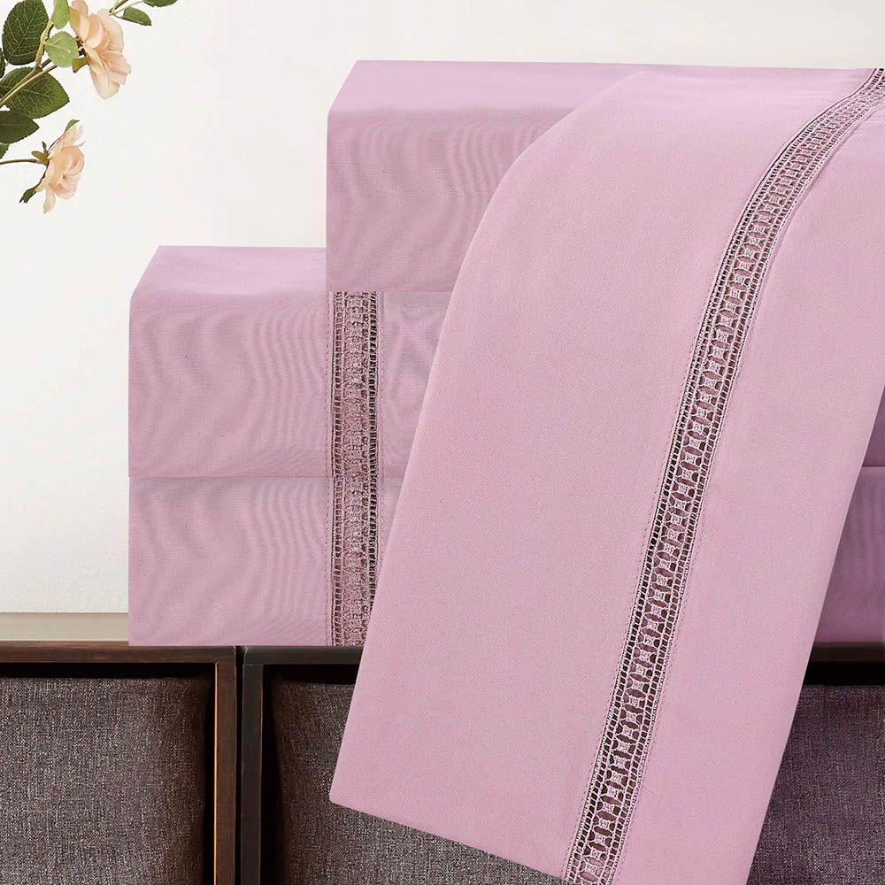 Jogo De Lençol Anahi King 4 Peças Micropercal 300 Fios Detalhe Minimal Ponto Palito - Malva - 4