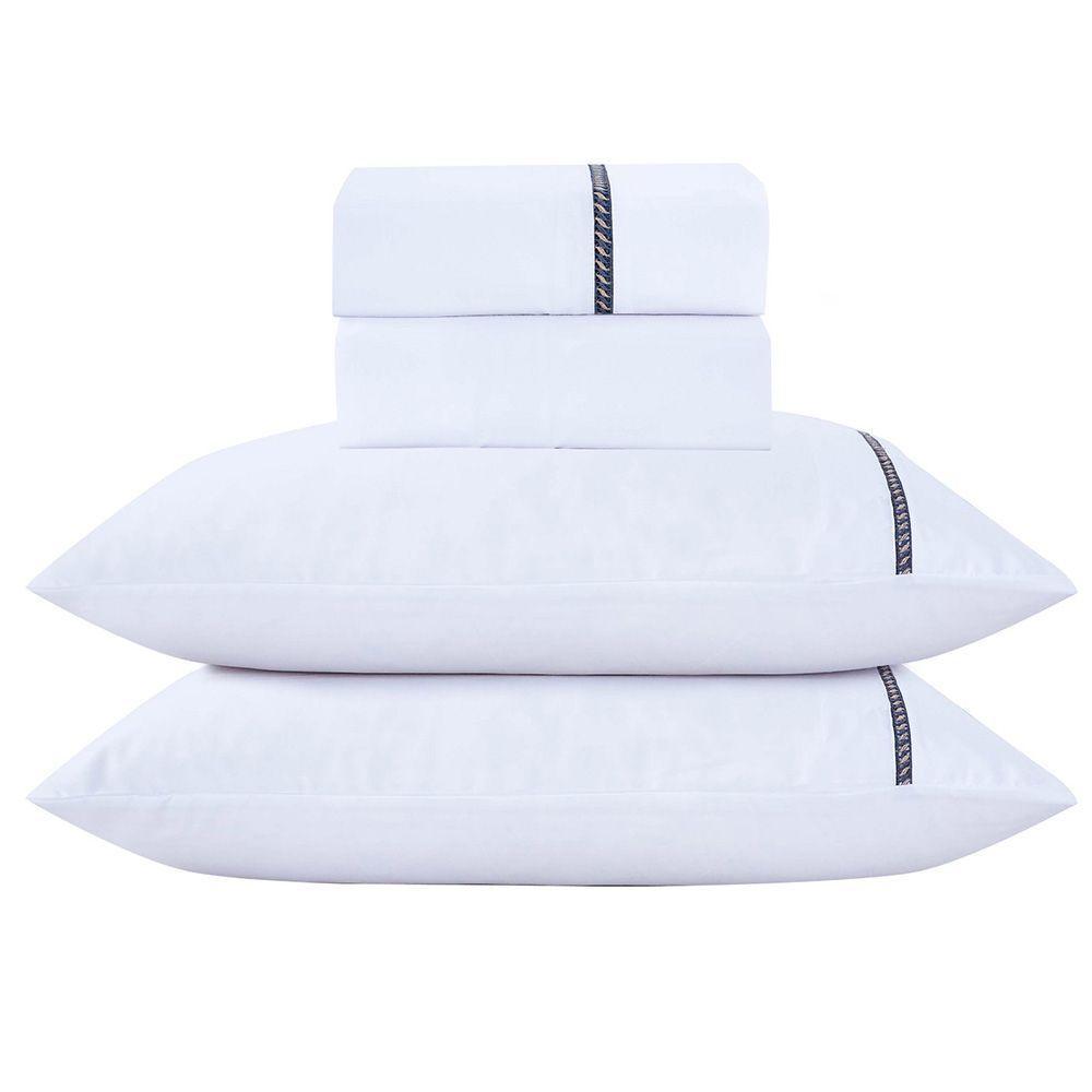 Jogo De Lençol Anahi Queen 4 Peças Micropercal 300 Fios Detalhe Minimal Ponto Palito - Branco - 1