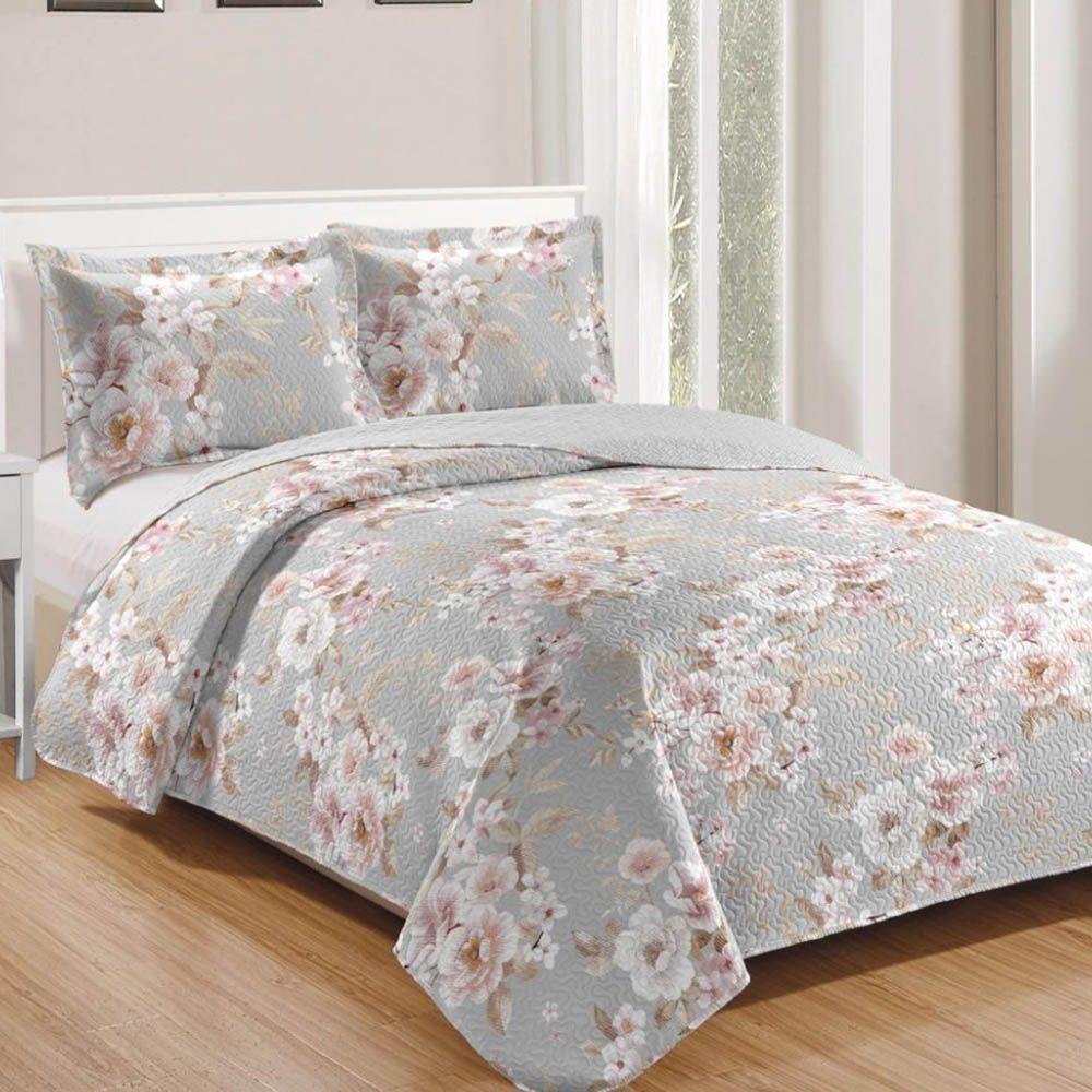 Kit Cobre Leito Colcha Daily Queen 3 Peças Dupla Face Estampado Floral - Floral 17 - 100% Poliéster - 1