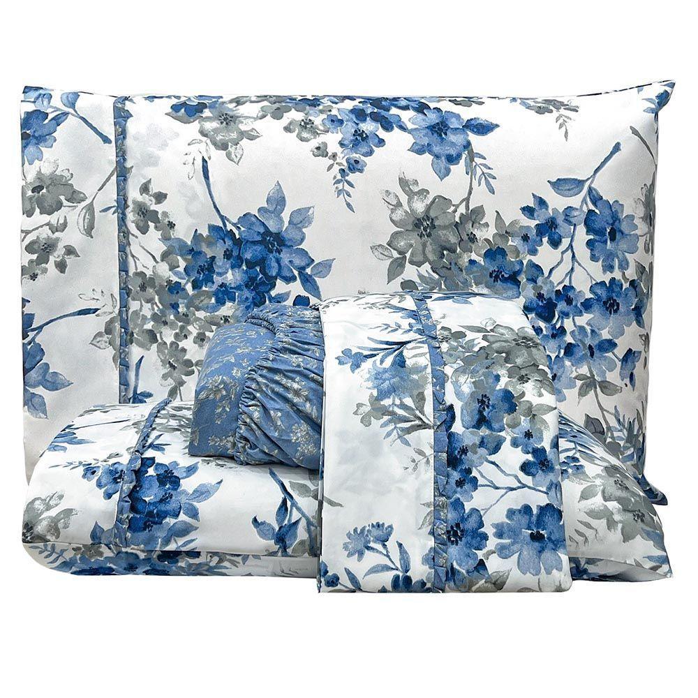 Jogo De Lençol Lislie Casal 4 Peças Micropercal 300 Fios Estampado Floral - Azul Flores - 100% Poliéster - 1