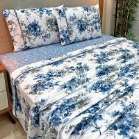 Jogo De Lençol Lislie Casal 4 Peças Micropercal 300 Fios Estampado Floral - Azul Flores - 100% Poliéster - 2