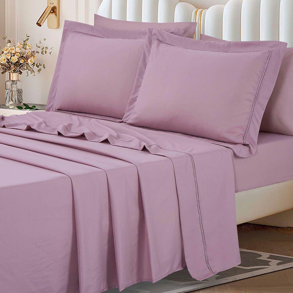 Jogo De Lençol Rebeca Queen 4 Peças Micropercal 300 Fios Ponto Palito Minimal - Malva - 1